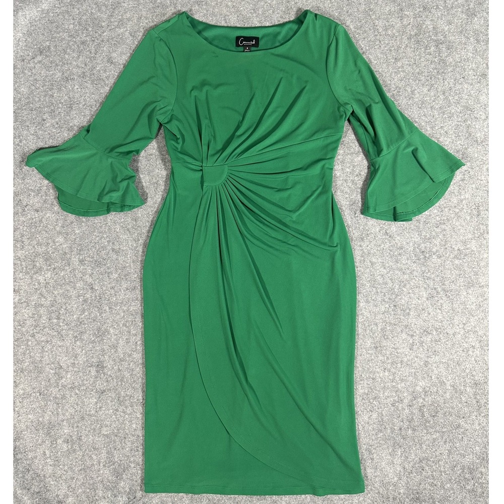 Connected Apparel Faux Wrap Sheath Dress 8 Green Bell Sleeve Gathered Sunburst